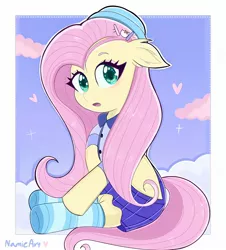 Size: 1440x1594 | Tagged: safe, artist:namieart, derpibooru import, fluttershy, pegasus, pony, :o, clothes, female, hat, image, jpeg, looking at you, mare, open mouth, socks, solo, striped socks