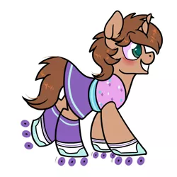 Size: 1000x1000 | Tagged: safe, artist:paperbagpony, derpibooru import, oc, oc:heroic armour, unicorn, clothes, crossdressing, horn, image, png, roller skates, simple background, skirt, socks, unicorn oc, white background