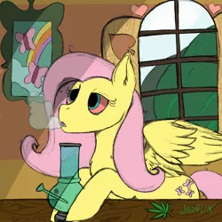 Size: 2048x2048 | Tagged: safe, artist:waanlix, derpibooru import, fluttershy, pegasus, pony, bloodshot eyes, bong, drug use, drugs, flutterhigh, high, image, jpeg, marijuana, smoking, solo, stoned