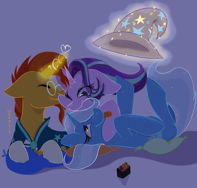 Size: 2048x1955 | Tagged: safe, artist:waanlix, derpibooru import, starlight glimmer, sunburst, trixie, pony, unicorn, bisexual, clothes, cuddling, eyes closed, female, floppy ears, glasses, hat, heart, image, jewelry, jpeg, lesbian, lying down, magic, male, on back, pillow, polyamory, ring, ring box, shipping, smiling, squishy cheeks, starburst, startrix, startrixburst, straight, telekinesis, tongue out, trixburst, trixie's hat