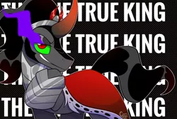 Size: 1200x805 | Tagged: safe, artist:wutanimations, derpibooru import, king sombra, pony, unicorn, armor, cape, clothes, eye mist, image, jpeg, male, obscured text, raised hoof, solo, stallion