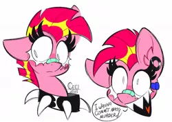 Size: 1200x850 | Tagged: safe, artist:wutanimations, derpibooru import, pinkie pie, earth pony, pony, alternate design, bandaid, bust, collar, ear piercing, heart tongue, image, jpeg, nose bandaid, one ear down, piercing, pinkamena diane pie, scar, sharp teeth, short mane, shrunken pupils, solo, speech bubble, spiked collar, teeth