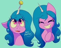 Size: 2769x2160 | Tagged: safe, artist:wutanimations, derpibooru import, izzy moonbow, pony, unicorn, my little pony: a new generation, spoiler:my little pony: a new generation, ball, bust, eye clipping through hair, floppy ears, g5, green background, grin, horn, hornball, image, izzy's tennis ball, jpeg, simple background, smiling, solo, tennis ball