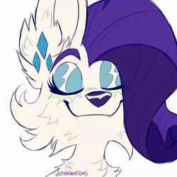 Size: 2000x2000 | Tagged: safe, artist:wutanimations, derpibooru import, part of a set, rarity, wolf, alternative cutie mark placement, bust, cheek fluff, chest fluff, ear fluff, eyes closed, eyeshadow, fluffy, image, jpeg, makeup, simple background, smiling, solo, species swap, white background, wolfified