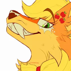 Size: 2000x2000 | Tagged: safe, artist:wutanimations, derpibooru import, part of a set, applejack, wolf, alternative cutie mark placement, bust, cheek fluff, chest fluff, ear fluff, fangs, fluffy, image, jpeg, profile, simple background, solo, species swap, toothy grin, white background, wolfified