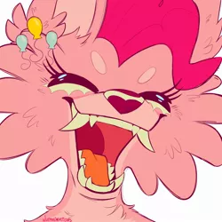 Size: 2000x2000 | Tagged: safe, artist:wutanimations, derpibooru import, part of a set, pinkie pie, wolf, alternative cutie mark placement, beanbrows, bust, cheek fluff, chest fluff, ear fluff, eyebrows, eyes closed, fangs, fluffy, image, jpeg, open mouth, open smile, simple background, smiling, solo, species swap, white background, wolfified