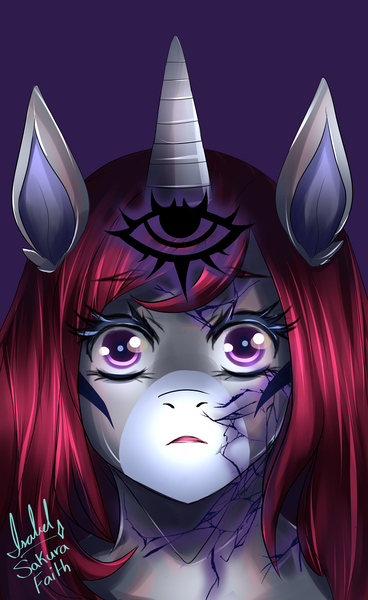 Size: 4961x8092 | Tagged: safe, artist:sakurafaith, derpibooru import, oc, oc:selune darkeye, unofficial characters only, anthro, unicorn, anthro oc, body markings, commission, corrupted, cracks, cutie mark, headshot commission, image, jpeg, scared, shocked, shocked expression, shocked eyes, solo, story included