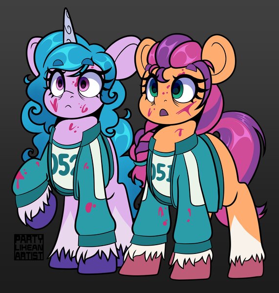 Size: 3576x3760 | Tagged: semi-grimdark, artist:partylikeanartist, derpibooru import, izzy moonbow, sunny starscout, earth pony, pony, unicorn, spoiler:g5, braid, clothes, duo, eye clipping through hair, eyebrows, eyebrows visible through hair, fake blood, g5, gradient background, height difference, image, implied death, jacket, jpeg, shocked, squid game, the squid game, tracksuit, uniform, unshorn fetlocks