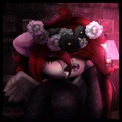 Size: 1050x1050 | Tagged: safe, artist:lenapetrushka, derpibooru import, oc, unofficial characters only, anthro, pegasus, bust, clothes, drool, eyelashes, eyes closed, female, floral head wreath, flower, image, indoors, lamp, pegasus oc, png, sleeping, solo, wings