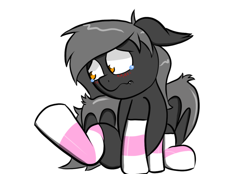 Size: 1100x800 | Tagged: safe, alternate version, artist:tranzmuteproductions, derpibooru import, oc, unofficial characters only, bat pony, pony, bat pony oc, bat wings, blushing, clothes, crying, heart, image, male, png, simple background, sitting, socks, solo, stallion, striped socks, teary eyes, transparent background, wings