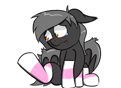 Size: 1100x800 | Tagged: safe, alternate version, artist:tranzmuteproductions, derpibooru import, oc, unofficial characters only, bat pony, pony, bat pony oc, bat wings, blushing, clothes, crying, heart, image, male, png, simple background, sitting, socks, solo, stallion, striped socks, teary eyes, transparent background, wings