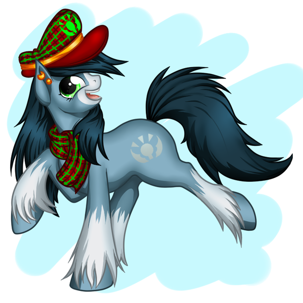 Size: 750x750 | Tagged: safe, artist:dedonnerwolke, derpibooru import, oc, oc:mad munchkin, unofficial characters only, earth pony, pony, abstract background, clothes, ear piercing, earring, female, hat, image, jewelry, mare, piercing, png, scarf, smiling, solo, unshorn fetlocks