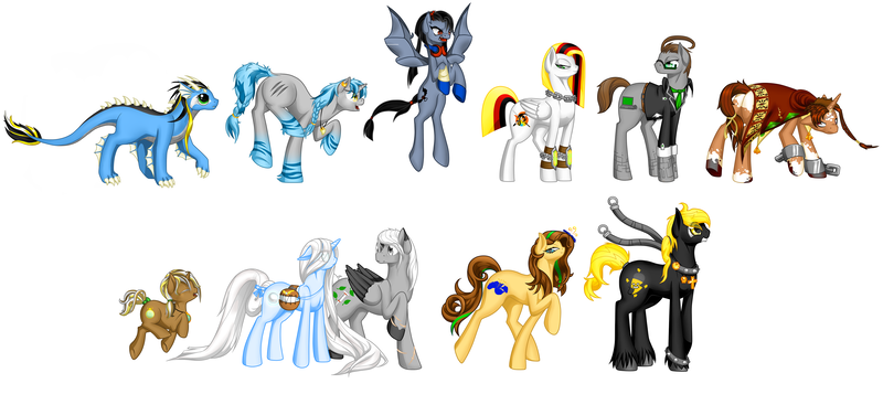 Size: 4476x2000 | Tagged: safe, artist:dedonnerwolke, derpibooru import, oc, unofficial characters only, bat pony, dracony, dragon, earth pony, hybrid, pony, bat pony oc, bat wings, earth pony oc, group, image, png, simple background, white background, wings