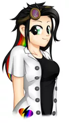 Size: 700x1250 | Tagged: safe, artist:dedonnerwolke, derpibooru import, oc, unofficial characters only, human, bust, clothes, female, goggles, humanized, image, multicolored hair, png, rainbow hair, simple background, solo, white background