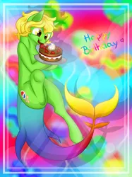 Size: 718x961 | Tagged: safe, artist:dedonnerwolke, derpibooru import, oc, unofficial characters only, original species, pony, shark, shark pony, abstract background, cake, food, happy birthday, image, png, smiling