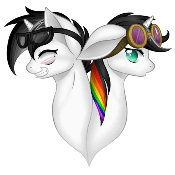 Size: 750x750 | Tagged: safe, artist:dedonnerwolke, derpibooru import, oc, oc:lightning bliss, unofficial characters only, alicorn, pony, alicorn oc, duo, female, goggles, grin, horn, image, male, mare, multicolored hair, png, rainbow hair, smiling, stallion, wings