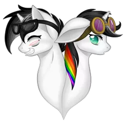 Size: 750x750 | Tagged: safe, artist:dedonnerwolke, derpibooru import, oc, oc:lightning bliss, unofficial characters only, alicorn, pony, alicorn oc, duo, female, goggles, grin, horn, image, male, mare, multicolored hair, png, rainbow hair, smiling, stallion, wings