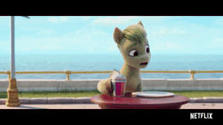 Size: 800x450 | Tagged: safe, derpibooru import, edit, edited screencap, screencap, sprout cloverleaf, earth pony, pony, my little pony: a new generation, spoiler:g5, spoiler:my little pony: a new generation, animated, background pony, drink, eyebrows, eyes closed, floppy ears, food, g5, gif, green eyes, hoof hold, image, male, netflix logo, outdoors, plate, reversed, sniffing, stallion, standing, table, tail, unshorn fetlocks