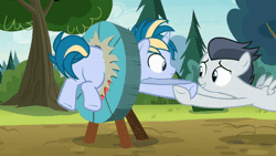 Size: 400x225 | Tagged: safe, derpibooru import, rumble, skeedaddle, pegasus, pony, unicorn, marks and recreation, season 7, animated, colt, duo, duo male, edited gif, frown, gif, grin, image, looking at each other, male, nervous, nervous grin, pulling, smiling, stuck, target