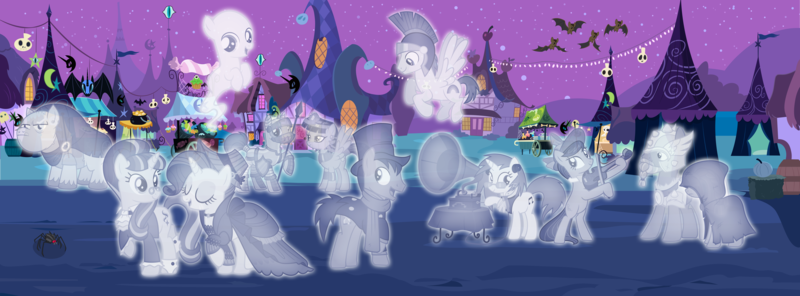 Size: 9279x3431 | Tagged: safe, artist:andoanimalia, artist:mlp-silver-quill, artist:pink1ejack, artist:sketchmcreations, artist:timeimpact, derpibooru import, doctor whooves, merry, octavia melody, queen cleopatrot, rarity, snowfall frost, starlight glimmer, time turner, vinyl scratch, bat, ghost, spider, undead, casper the friendly ghost, image, knight, night, nightmare night, png, ponyville