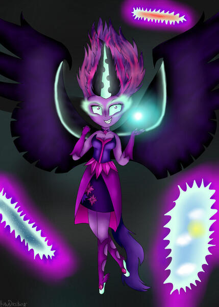 Size: 1000x1400 | Tagged: safe, artist:kittydazzling, derpibooru import, sci-twi, twilight sparkle, equestria girls, friendship games, female, flying, glow, grin, image, jpeg, midnight sparkle, portal, simple background, smiling, solo, wings