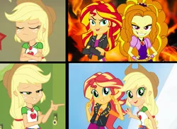 Size: 1815x1320 | Tagged: safe, derpibooru import, adagio dazzle, applejack, sunset shimmer, equestria girls, equestria girls series, holidays unwrapped, rainbow rocks, spoiler:eqg series (season 2), appleshimmer, crossed arms, eyes closed, female, hotline bling, image, lesbian, meme, png, shipping