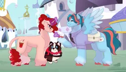 Size: 1280x732 | Tagged: safe, artist:itstechtock, derpibooru import, oc, oc:love letter (itstechtock), oc:valentine frapuccino, unofficial characters only, dog, pegasus, pony, unicorn, clothes, female, image, jpeg, letter, magic, magical lesbian spawn, male, mare, offspring, parent:cinnamon chai, parent:morning roast, parent:rainy day, parent:whirlwind romance, shirt, stallion