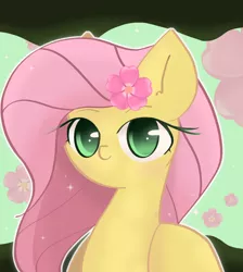 Size: 1300x1450 | Tagged: safe, artist:miryelis, derpibooru import, fluttershy, pegasus, pony, bust, cute, flower, flower in hair, image, png, shyabetes, solo, wrong eye color