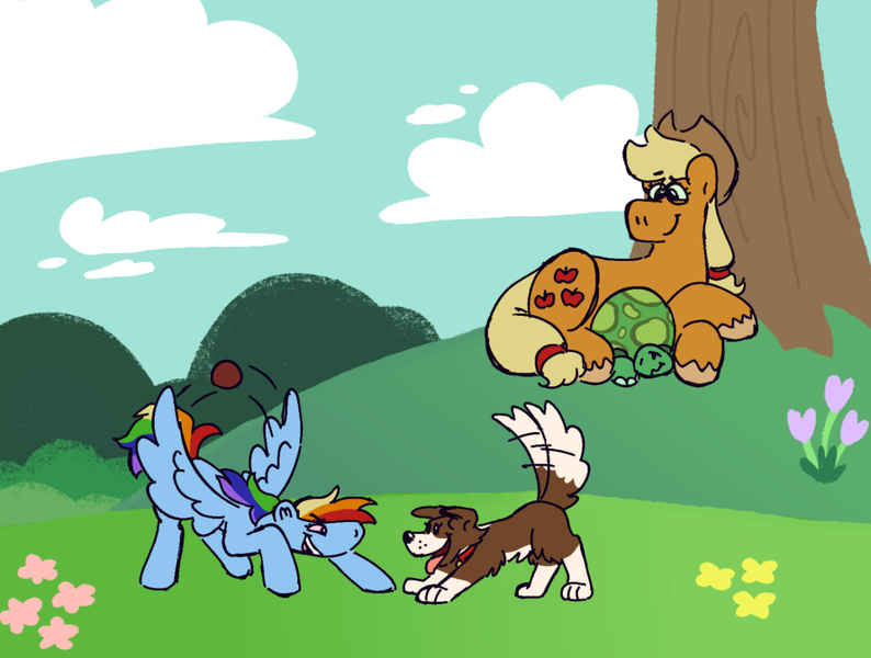 Size: 1280x967 | Tagged: safe, artist:tezzbot, derpibooru import, applejack, rainbow dash, tank, winona, dog, earth pony, pegasus, pony, tortoise, appledash, ball, female, image, lesbian, png, shipping