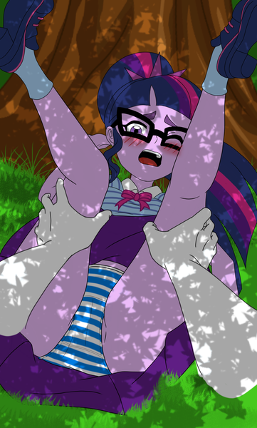 Size: 1325x2200 | Tagged: suggestive, artist:smoker, derpibooru import, sci-twi, twilight sparkle, equestria girls, clothes, commission, image, implied rape, outdoors, panties, panty shot, png, skirt, skirt lift, spread legs, spreading, striped panties, underwear, upskirt
