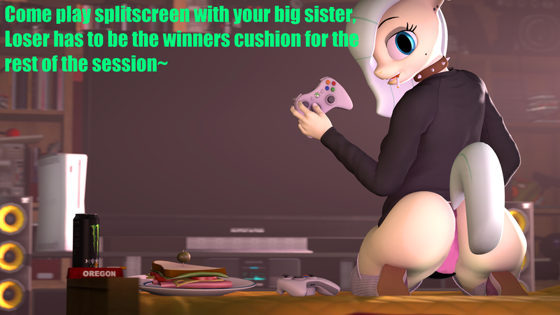 Size: 3840x2160 | Tagged: suggestive, artist:arrell, derpibooru import, oc, oc:arrell, anthro, 3d, butt, clothes, food, high res, image, looking at you, looking back, panties, piercing, png, shirt, sitting, source filmmaker, television, text, underwear, xbox