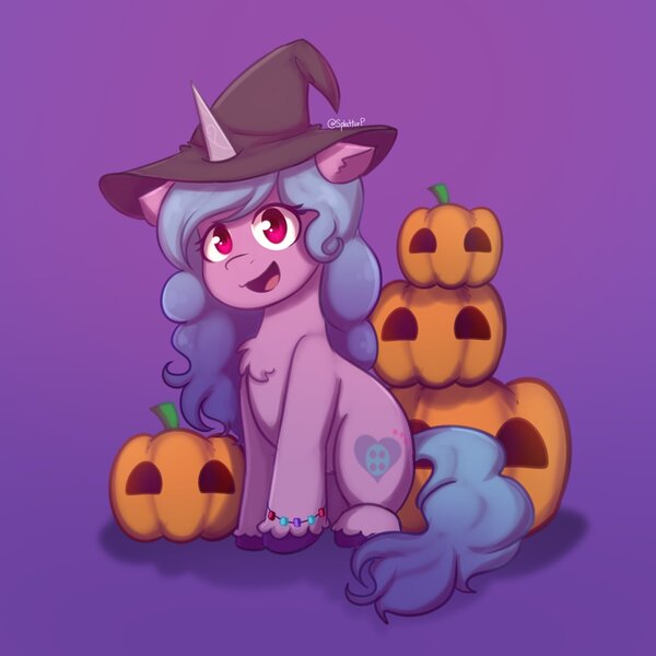 Size: 1920x1920 | Tagged: safe, artist:splatturp, derpibooru import, izzy moonbow, pony, unicorn, my little pony: a new generation, spoiler:my little pony: a new generation, bracelet, chest fluff, g5, halloween, hat, holiday, image, jewelry, jpeg, open mouth, pumpkin, witch hat