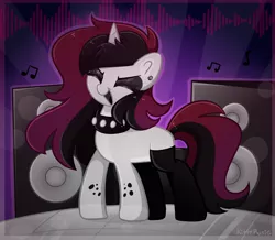 Size: 4984x4352 | Tagged: safe, artist:kittyrosie, derpibooru import, oc, unofficial characters only, pony, unicorn, choker, clothes, ear piercing, earring, eyes closed, eyeshadow, horn, image, jewelry, makeup, music, open mouth, open smile, piercing, png, smiling, socks, solo, speakers, stockings, studded choker, thigh highs, unicorn oc