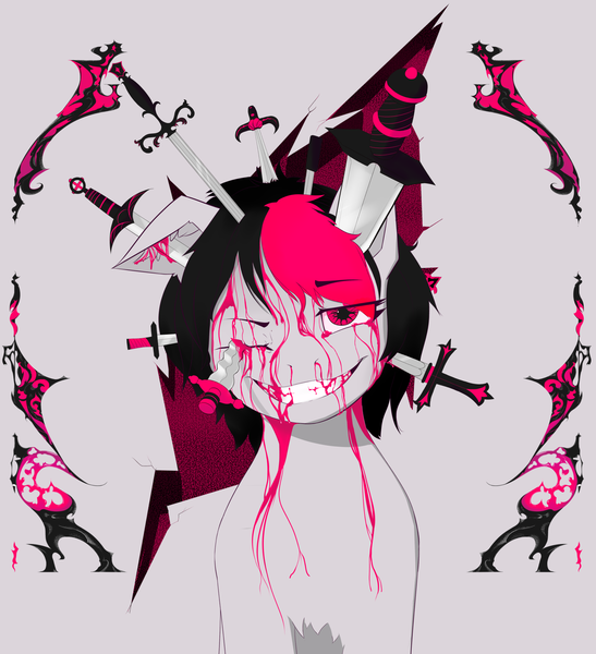 Size: 1787x1961 | Tagged: grimdark, artist:owlnon, derpibooru import, oc, oc:miss eri, unofficial characters only, pony, blood, grin, image, knife, monochrome, neo noir, one eye closed, partial color, png, smiling, solo, stabbed