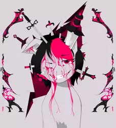 Size: 1787x1961 | Tagged: grimdark, artist:owlnon, derpibooru import, oc, oc:miss eri, unofficial characters only, pony, blood, grin, image, knife, monochrome, neo noir, one eye closed, partial color, png, smiling, solo, stabbed