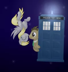 Size: 2000x2100 | Tagged: safe, artist:candy meow, derpibooru import, derpy hooves, doctor whooves, time turner, earth pony, pegasus, pony, boop, digital art, doctor who, doctorderpy, duo, female, flying, image, male, mare, necktie, noseboop, png, shipping, space, space background, stallion, straight, tardis, upside down, wings