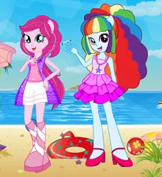 Size: 436x477 | Tagged: safe, derpibooru import, pinkie pie, rainbow dash, bird, human, seagull, equestria girls, beach, beach ball, beach towel, beach umbrella, clothes, dress, dressup, dressup game, fashion, floaty, gameskids.com, hairstyle, high heels, image, jewelry, looking at you, necklace, ocean, open mouth, png, ponied up, sand, shoes, towel, umbrella