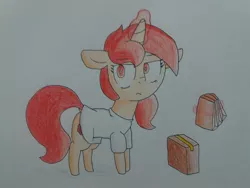 Size: 2064x1548 | Tagged: safe, artist:cherro, derpibooru import, oc, oc:poppy seed, unofficial characters only, pony, unicorn, clothes, groceries, image, jpeg, magic, shirt, solo, telekinesis, traditional art