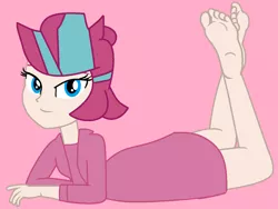 Size: 1344x1012 | Tagged: safe, artist:grapefruitfacebases, artist:jadeharmony, derpibooru import, zipp storm, equestria girls, barefoot, base used, bathrobe, bedroom eyes, clothes, equestria girls-ified, feet, female, g5, image, pink background, png, robe, simple background, soles, solo, the pose