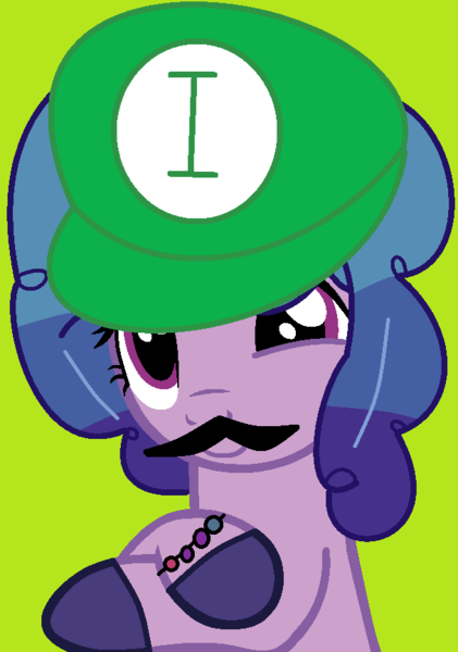 Size: 607x866 | Tagged: safe, artist:easterbases, artist:jadeharmony, derpibooru import, izzy moonbow, pony, unicorn, base used, bracelet, cap, clothes, cosplay, costume, crossover, fake moustache, female, g5, green background, hat, image, jewelry, luigi, luigi's hat, mare, mario, png, simple background, solo, super mario bros., unshorn fetlocks