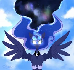 Size: 2048x1947 | Tagged: safe, artist:tinykiru, derpibooru import, princess luna, alicorn, pony, cloud, female, flying, galaxy, glow, glowing eyes, hooves to the chest, image, jpeg, magic, magic aura, mare, planet, ponytober, sky, solo, space, spread wings, stars, wings