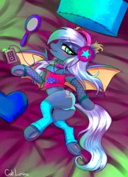 Size: 2000x2760 | Tagged: suggestive, artist:cali luminos, derpibooru import, oc, oc:echo melody, unofficial characters only, bat pony, pony, 80s, bat pony oc, bat wings, booty shorts, cable, cassette, clothes, collar, commission, cute, eyebrows, eyebrows visible through hair, female, feral, fishnets, frog (hoof), hand mirror, headphones, high res, holiday, image, jpeg, leg warmers, mare, mirror, sexy, shorts, solo, solo female, top, underhoof, underwear, vaporwave, wings, ych result