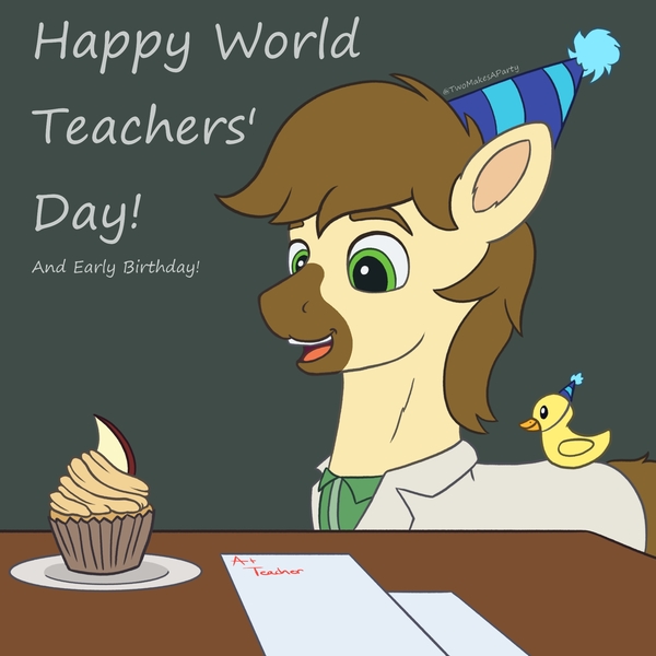 Size: 2000x2000 | Tagged: safe, artist:redquoz, derpibooru import, oc, oc:calpain, earth pony, pony, apple, birthday, chalkboard, clothes, cupcake, earth pony oc, food, hat, image, jpeg, lab coat, male, party hat, rubber duck, solo, stallion, teacher, text, worldteachersday