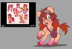 Size: 3700x2512 | Tagged: safe, artist:chub-wub, artist:imalou, derpibooru import, sunny starscout, pony, alternate design, alternate hairstyle, bag, concept art, cute, freckles, g5, goggles, gray background, image, jpeg, markings, one eye closed, openmouth, raised hoof, simple background, solo, sunnybetes, unshorn fetlocks, wink