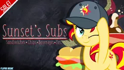 Size: 1920x1080 | Tagged: safe, artist:filipino-dashie, artist:jeatz-axl, artist:jhayarr23, artist:the smiling pony, artist:zutheskunk, derpibooru import, sunset shimmer, pony, 2017, cap, food, hat, image, looking at you, one eye closed, png, sub sandwich, wallpaper, wink, winking at you