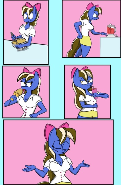 Size: 1233x1892 | Tagged: safe, artist:notanotherinflationartist, derpibooru import, oc, oc:sundae shake, unofficial characters only, anthro, earth pony, comic:sundae shake surprise, blender (object), bow, clothes, cooking, eating, female, food, ice cream, ice cream cone, image, jpeg, milkshake, shrug, solo, solo female, taste test, this will end in weight gain, weight gain sequence