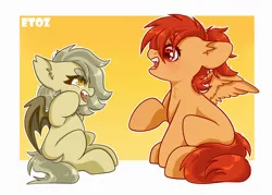 Size: 2800x2000 | Tagged: safe, artist:etoz, derpibooru import, oc, oc:miss mash, oc:star gazer, unofficial characters only, bat pony, pegasus, pony, bat pony oc, bat wings, blushing, chibi, commission, cute, eyebrows, eyebrows visible through hair, fangs, female, filly, image, mare, pegasus oc, png, simple background, sitting, wingding eyes, wings