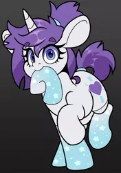 Size: 893x1267 | Tagged: safe, artist:partylikeanartist, derpibooru import, oc, oc:indigo wire, pony, unicorn, caught, clothes, cute, exposed, eyebrows, eyebrows visible through hair, gradient legs, guilty, image, jpeg, looking at you, ocbetes, ponytail, socks, solo