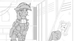 Size: 3837x2160 | Tagged: safe, artist:cocaine, derpibooru import, oc, oc:wholeheart, pegasus, fallout equestria, 69 (number), armor, commission, cowboy hat, hat, image, lineart, locker room, monochrome, pegasus oc, photo, png, smiling, toothpick, wings, wip