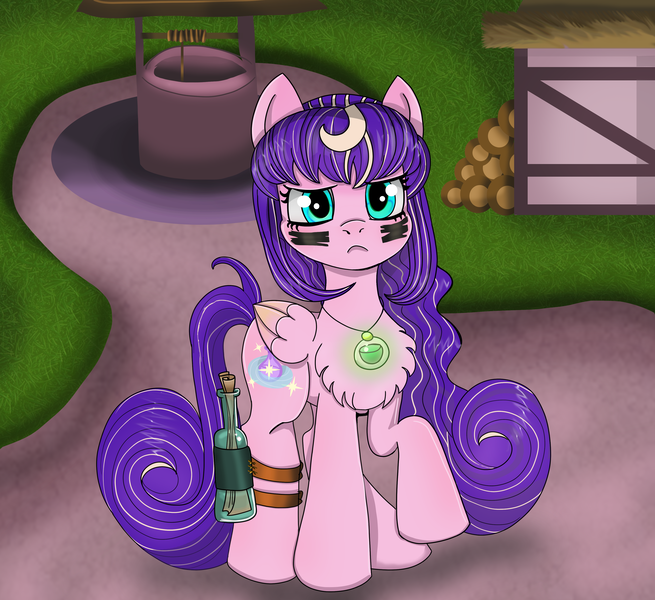 Size: 3827x3508 | Tagged: safe, artist:starsilk, derpibooru import, oc, oc:star silk, unofficial characters only, pegasus, art, bottle, forest, glow, image, letter, message in a bottle, pink fur, png, potion, practice, purple mane, serious, solo, tree, war paint, well